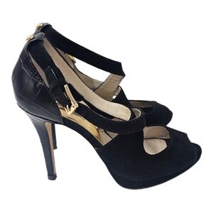 MICHAEL Michael Kors Black Suede Peep Toe Platform Heels Size 5.5M Gold Studs